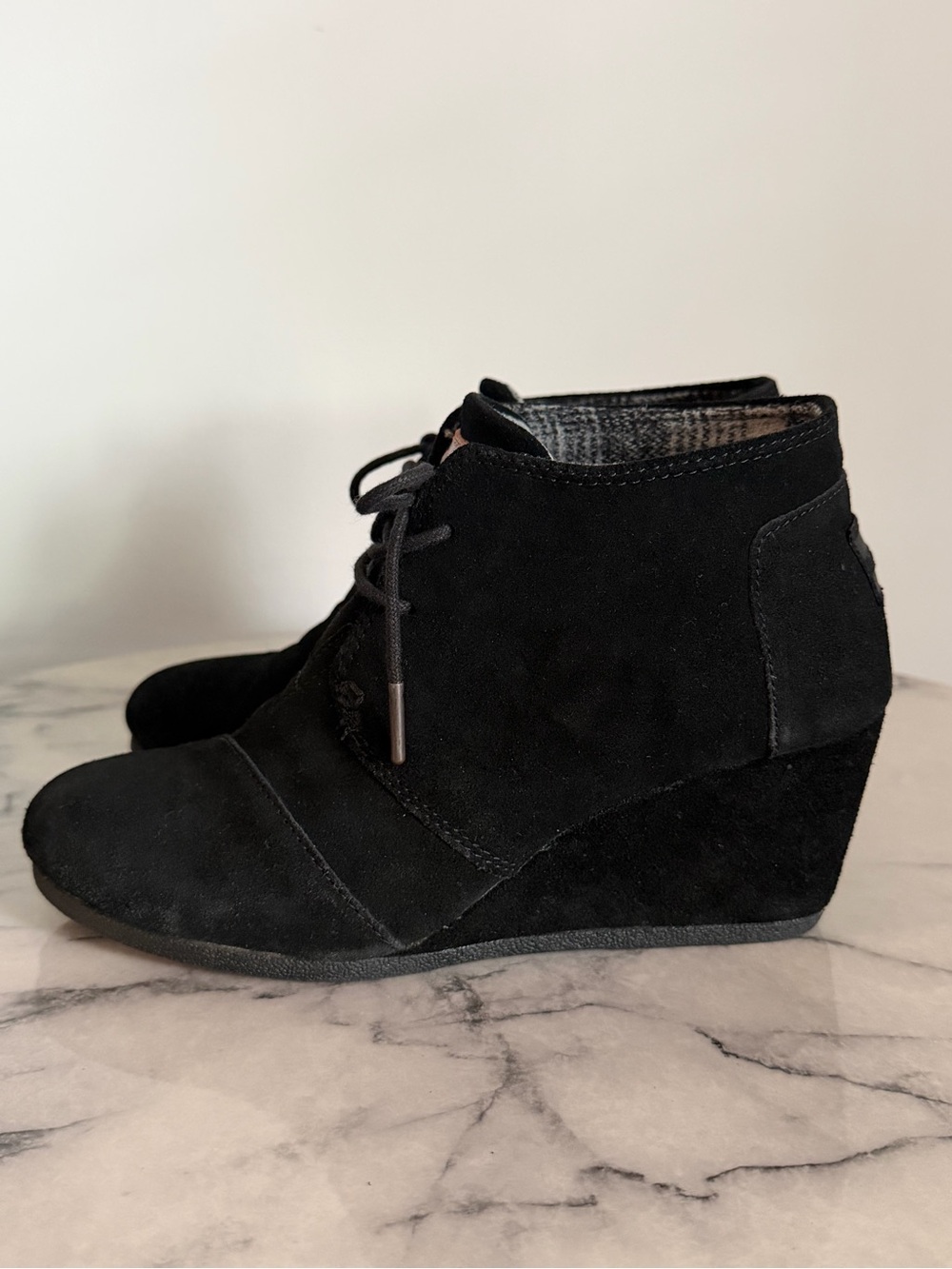 TOMS Black Suede Wedge Ankle Bootie - Women's
